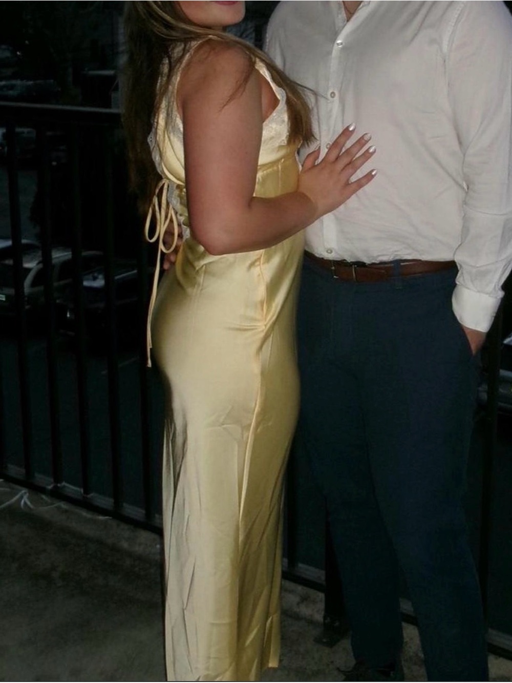 Lace-Trim Satin Chemise long formal dress  in Pale Yellow - Picture 3 of 3